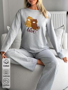 SHEIN 大尺碼女款純棉白色可愛熊印花上衣與灰色長褲睡衣套裝 - 彩色 - 查看 6