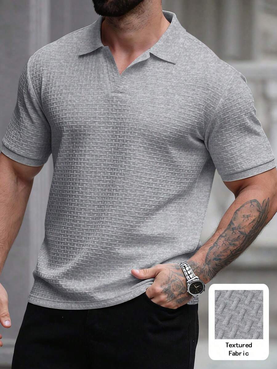Manfinity CasualCool 男士短袖纹理面料 Polo 衫,适合居家、外出、聚会和度假穿着 - 灰色 - 查看 1