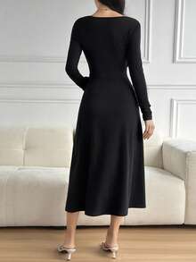 DAZY Women's Solid Color Tie Wrap Midi Dress - Black - View 6