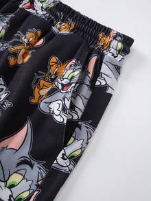 TOM & JERRY X SHEIN Plus Size Men's Cartoon Print Short Sleeve Top And Shorts Pajama Set - Black and White - View 8