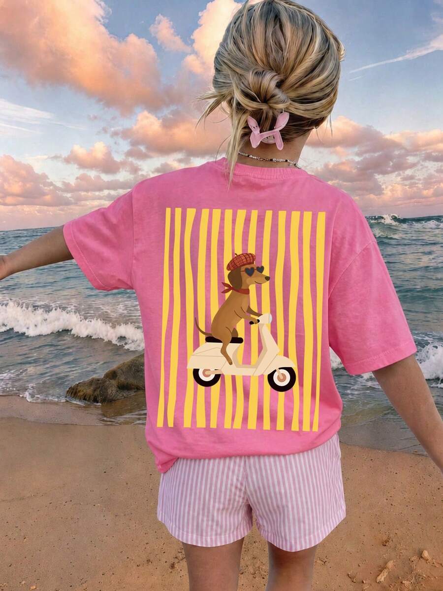 SHEIN Girlism 青少年女孩休閒簡約卡通印花寬鬆圓領短袖T恤與寬鬆短褲2件套,適合春夏季 - 彩色 - 查看 1