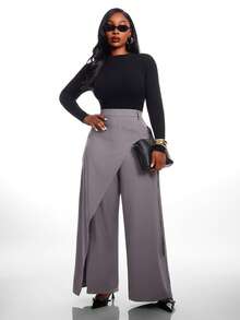 Radiana Plus Size Women's Autumn/Winter Fashion Elegant Versatile New 2 In 1 Design Grey Long Pants, Suitable For Commuting, Office, Workplace Fall - Grey - View 7