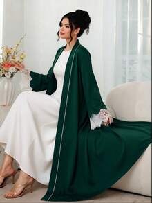 Al Najma Contrast Color Placket With Petal Decoration, Contrast Lace, Holiday Wear Arabic Long Robe - Dark Green - View 4
