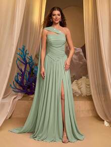 Glamrae Elegant And Luxurious Chiffon Pleated Craftsmanship, Hand-Decorated With Diamonds, Boat Neck With Flowing Sequins And Extra-Large Flared Skirt Trailing, Women's Formal Evening Gown - Mint Green - View 4