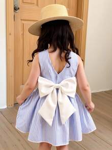 SHEIN Glamorique Kids 女嬰公主洋裝，藍白條紋面料，無袖，背部蝴蝶結，生日派對，可愛，優雅，派對裝，舞會洋裝，畢業洋裝，夏季洋裝 - 藍色 - 查看 5