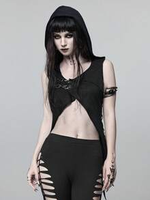 ROMWE Goth Forbidden Art 女款連帽上衣 金屬扣飾 繫帶抽繩設計 不對稱下擺 破舊風 性感 - 黑色 - 查看 13