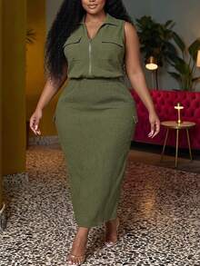 Veslaya Plus Size Women's Solid Color Zipper Top And Skirt Casual Daily Set - Army Green - View 2