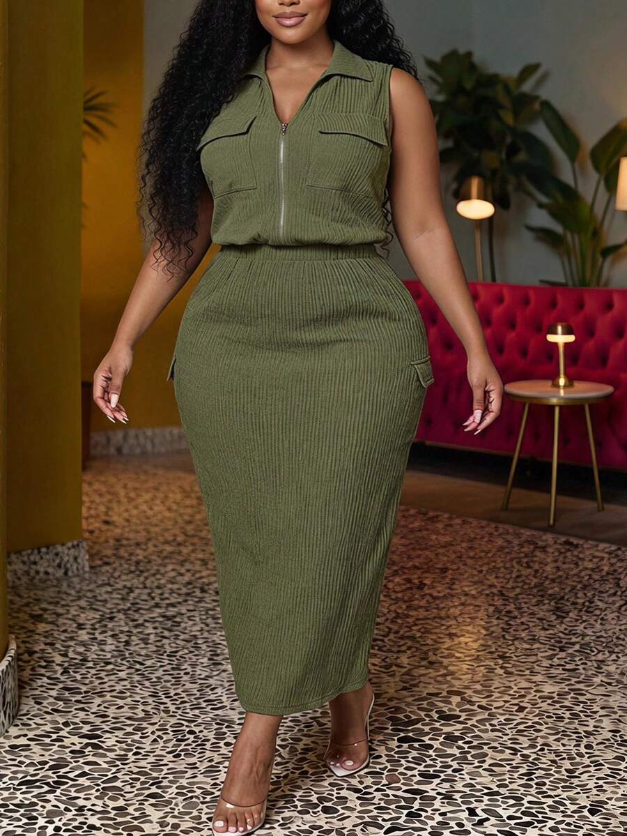 Veslaya Plus Size Women's Solid Color Zipper Top And Skirt Casual Daily Set