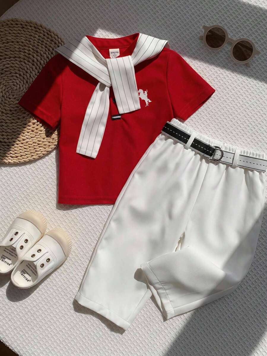 SHEIN 4件套包含腰帶與披肩,男嬰夏季秋季休閒返校季,紅色 Polo 衫條紋披肩配白色長褲,西裝褲,附贈腰帶,Polo 套裝,正式套裝,校服套裝,男嬰套裝 - 彩色 - 查看 1