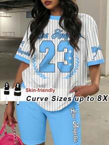 SHEIN CURVE+ 大尺碼條紋數字印花T恤與短褲2件套，適合球類運動 - 彩色 - 查看 8