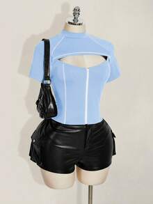 SHEIN ICON 女款大尺碼拼色立領鏤空休閒百搭日常穿著T恤 - 藍色 - 查看 3