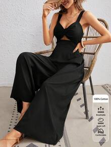 SHEIN VCAY 女款夏季前打結開衩寬腿細肩帶連身褲 - 黑色 - 查看 2