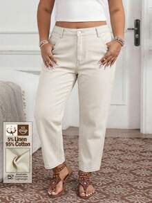 EMERY ROSE Plus Size Women's Casual Versatile Daily Travel Denim Jeans With Pockets And Buttons - Khaki - View 1