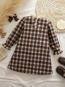 Emery Rose Kids Emery Rose Kids 復古棕色格紋女童洋裝，荷葉領，荷葉邊飾，手工鉤編細節，喇叭袖，秋冬公主洋裝 - 彩色 - 查看 5