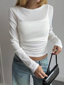 DAZY 女款白色透視休閒街頭風度假罩衫上衣，秋冬/夏季長袖 - 白色 - 查看 7