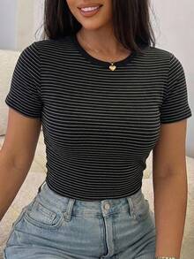 Dazy Plus Colorblock Striped Crew Neck Short Sleeve Slim Fit T-Shirt, Spring/Summer - Black - View 13