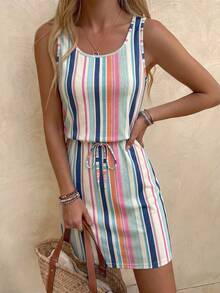 SHEIN LUNE Vestido mini holgado con estampado de rayas de colores, adecuado para vacaciones de primavera/verano - Multicolor - Ver 9