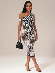 Radiana Women's White And Black Animal Print Summer Chic Sexy Club Night Out Off Shoulder Leopard Zebra Jumpsuit, Capris, Street Style, Coachella - Multicolor - View 3