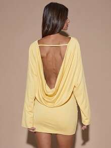 SHEIN BAE 秋季素色淡黃色長袖寬鬆垂領露背性感休閒迷你洋裝，適合雞尾酒會、夜晚外出、夜店、約會 - 黃色 - 查看 5