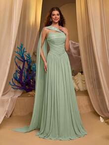 Glamrae Elegant And Luxurious Chiffon Pleated Craftsmanship, Hand-Decorated With Diamonds, Boat Neck With Flowing Sequins And Extra-Large Flared Skirt Trailing, Women's Formal Evening Gown - Mint Green - View 6