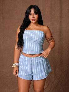 Rustia Plus Size Summer Striped Bandeau Top & Striped Shorts Casual Set - Blue - View 7