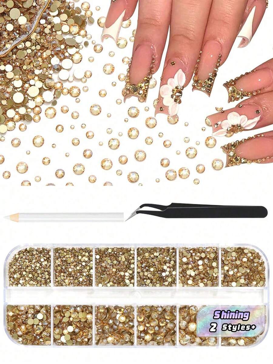 1/3Box Champagne Gold Flatback Rhinestones Crystal Gems For Nail Art DIY Crafts Makeup Accessories Manicure Decor Jewelry Making - Champagne - View 1