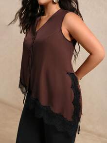 Juhart Plus Size Women's Solid Color V-Neck Sleeveless Blouse, Asymmetrical Hem Lace Trim Design, Elegant Casual Style, Suitable For Spring/Summer Vacation Outfits - Brown - View 5