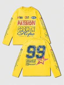ROMWE MEN Street Life Kaos Kasual Lengan Panjang Kerah Bulat dengan Cetakan Huruf untuk Pria, Cocok untuk Dipakai Sehari-hari di Musim Semi dan Musim Panas - Kuning - View 5