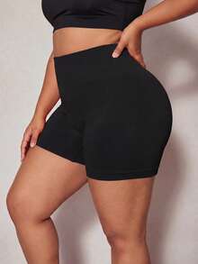 SHEIN Velisys 2 Peças Shorts Plus Size Preto & Marrom Escuro Tricotado Sem Costura Confortável Elástico Yoga Corrida Ciclismo Fitness Outdoor Cintura V Usável Novo Primavera Verão Outono Inverno - Preto - Visão 3