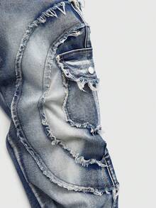 ROMWE MEN Street Life Men's Fashion Versatile Button Pocket Frayed Hem Streetwear Denim Jeans - Blue - View 4