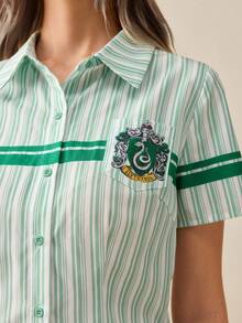 HARRY POTTER X SHEIN Women's Striped Colorblock Casual Versatile Daily Wear Shirt - Green - View 6