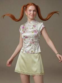 Elnivra Women's Sweet 60s 70s Elegant Satin Floral Print Glossy Top With Cap Sleeves Qipao Collar Drawstring Tie Frog Buttons Slit Hem Champagne - Apricot - View 3