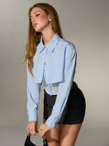 Nuvra Camisa de cuello polo con parche de encaje 2 en 1, ajuste slim, primavera/otoño - Celeste - Ver 7