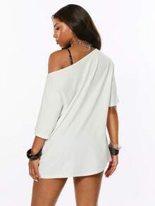 ROMWE Summer Slogan Punk Street Style Hot Girl Splatter Print Design Minimalist Asymmetric Neck Loose T-Shirt - White - View 9