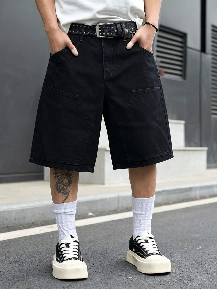 Manfinity Hypemode Spring/Summer Casual Mature Washed Deep Blue Loose Fit Double Knee Cargo Denim Shorts - Black - View 1