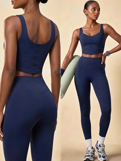 Zivah Women's Solid Color Athleisure Tank Top And Leggings Set, Navy Blue, Summer Gym Sports Set