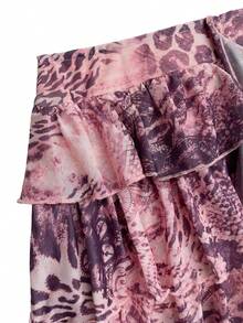 SHEIN Glamour Women's Spring/Summer Vacation Ruched Ruffle Tie-Up Beaded Sexy Tropical Pink Leopard Print Tropical Style Mini Dress Beach Vacation - Baby Pink - View 6