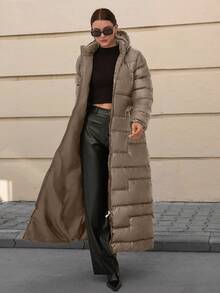 CLARA VERO Women Solid Color Zipper And Pocket Detailed Long Winter Coats - Beige - View 4