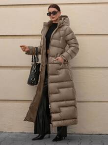 CLARA VERO Women Solid Color Zipper And Pocket Detailed Long Winter Coats - Beige - View 6