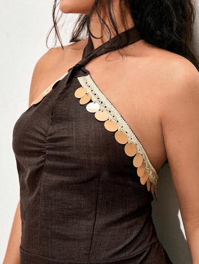 Nubod Vestido de estilo francés casual de vacaciones con cuello halter, tirantes cruzados, decoración bohemia y ajuste ceñido para tallas grandes