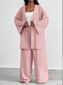 SHEIN PETITE CURVE 大尺碼女款休閒兩件套 前綁帶長袖上衣與長褲套裝 素色粉色 適合海灘正式度假商務穿搭 夏季秋季 - 藕粉色 - 查看 4