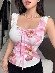 Modelyn Pink Phalaenopsis Orchid Floral Print Women's Tank Top, Wide Strap Design, Summer Fashion Fitted Waist Tight Tank Top With Bowknot Detail, Cute Women's Top, White Floral Pattern Women's Clothing, Suitable For Summer Vacation And Daily Wear - Multicolor - View 3