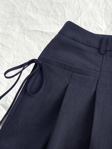 SHEIN EZwear 女款高腰寬腿海軍藍大尺碼西裝長褲 - 藏蓝色 - 查看 4