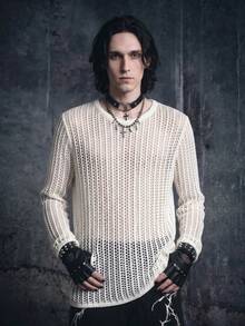 Vyqestra Men Solid Open Knit Top Round Neck Long Sleeve Pullover Plain White Sweater For Boyfriend Gift, Fall - White - View 5