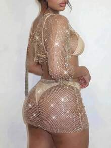 EgrlEra Women's 2 Pieces Party Club Set, Sexy Backless Sheer Glittery, Perfect For Music Festival Carnival Beige Summer - Champagne - View 2