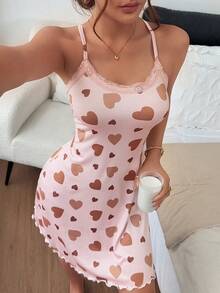 Dream Adore Lace Patchwork Heart Print Camisole Nightgown - Multicolor - View 7