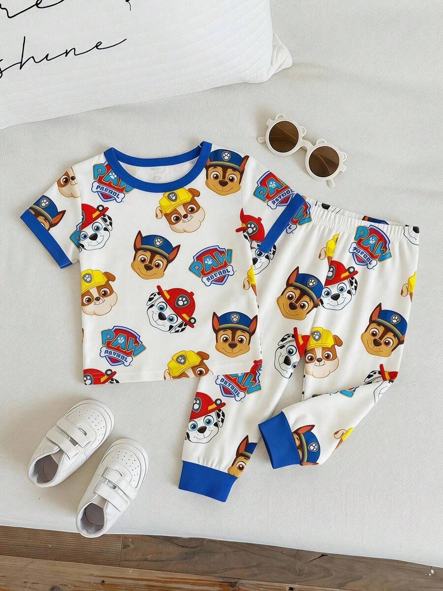 SHEIN | PAW Patrol Set Piyama Rumahan Kasual Sehari-hari untuk Bayi Laki-laki, Atasan Lengan Pendek Berkerah Bulat Motif Kartun dan Celana Panjang - MultiWarna - View 1