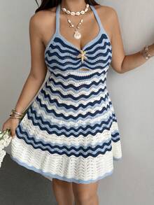 Sunnyshic Plus Size Women's Sunny Summer Romantic Blue Gradient Striped Starfish Metal Buckle Decor Sexy Playful Cute Beach Romantic Elegant Off-Shoulder Strapless Knit Dress, Suitable For Spring/Summer Beach Vacation Outfits - Blue and White - View 6