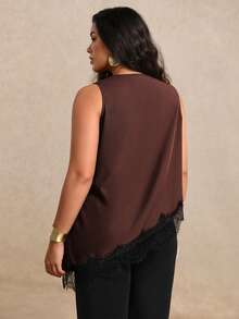 Juhart Plus Size Women's Solid Color V-Neck Sleeveless Blouse, Asymmetrical Hem Lace Trim Design, Elegant Casual Style, Suitable For Spring/Summer Vacation Outfits - Brown - View 4