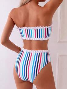 Swim Mod Spring/Summer Beach Vacation Vacation White Print 2 Pieces Set, Ruched Neckline, Ruffled Hem Pants Tropical - Multicolor - View 2
